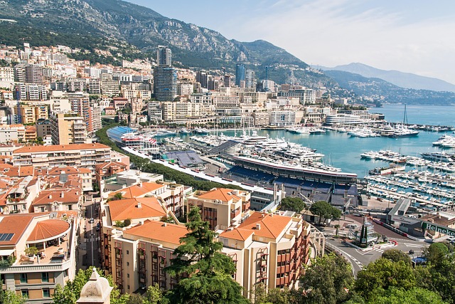 monaco, monte carlo, france, blue sky, sea, mediterranean, europe, city, urban, architecture, building, travel, water, blue, coast, landscape, riviera, tourism, nature, yacht, bay, port, summer, cityscape, boat, sky